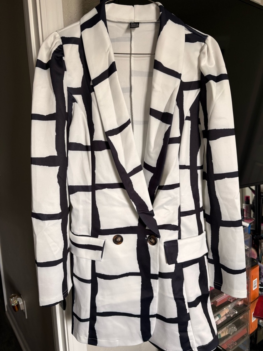 SHEIN White Blazer with Black Grid Windowpane